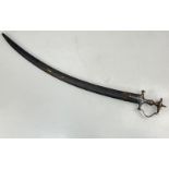 An Antique Military Indian Tulwar Curved Sword and Leather Scabbard. Solid iron hilt with a large