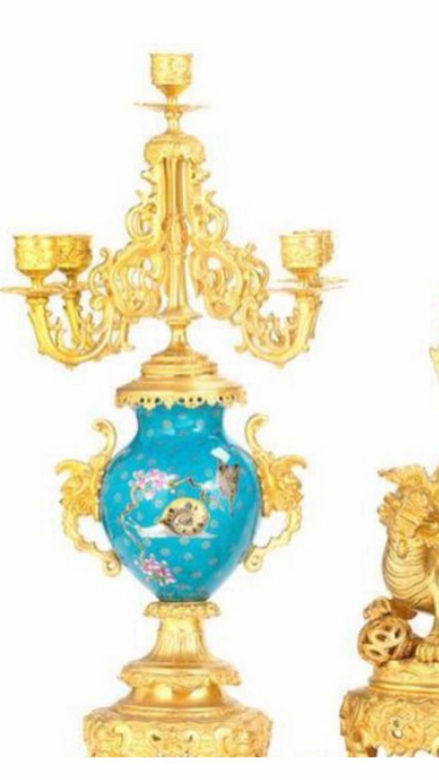 A Magnificent French 19th Century gilt bronze and champleve enamel porcelain mantel garniture - In - Image 7 of 16