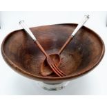 A Vintage Hand Turned Mahogany Salad Bowl with Sterling Silver Base and Salad Tossing Handles. Bowl