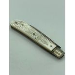 Antique SILVER BLADED FRUIT KNIFE with nicely engraved mother of pearl handle and having clear