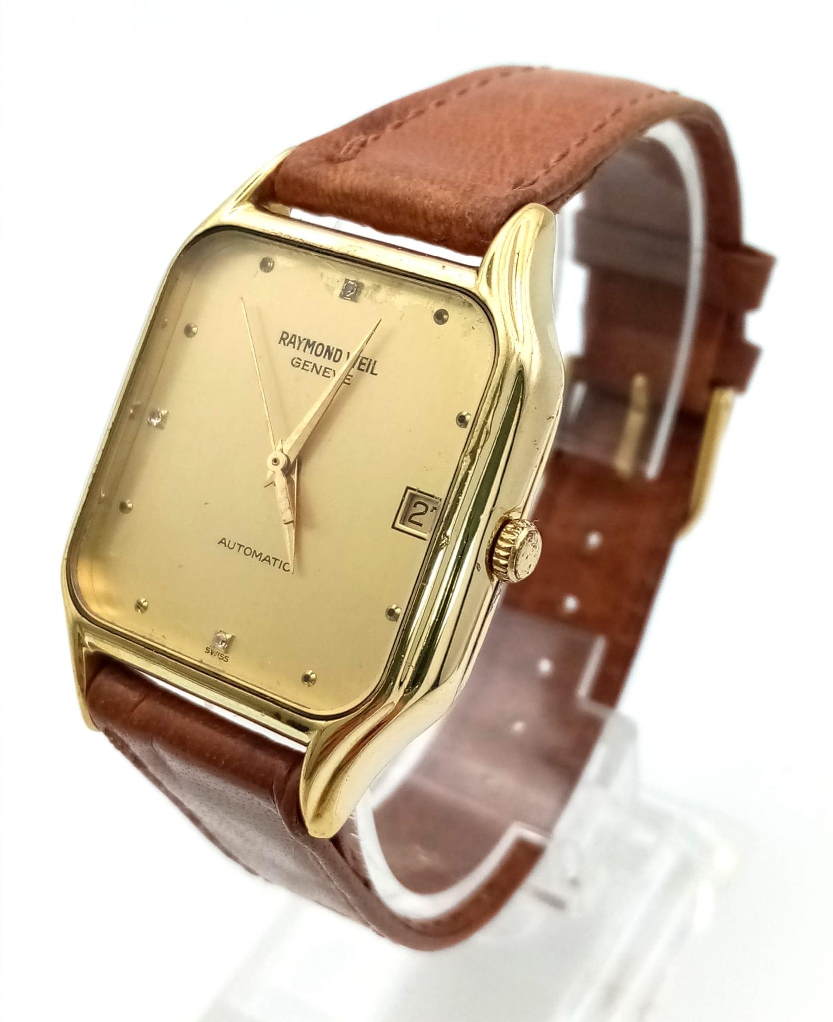 A Vintage Raymond Weil Automatic Gents Watch. Brown leather strap. Square case - 30 x 30mm. Gilded - Image 2 of 4