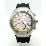 A Buler Chronograph Explorer Gents Watch. Black rubber strap. Steel case - 45mm. Multi-coloured dial