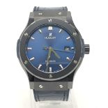 A Hublot Classic Gents Fusion Watch. Blue leather strap. Ceramic case - 41mm. Blue dial with date