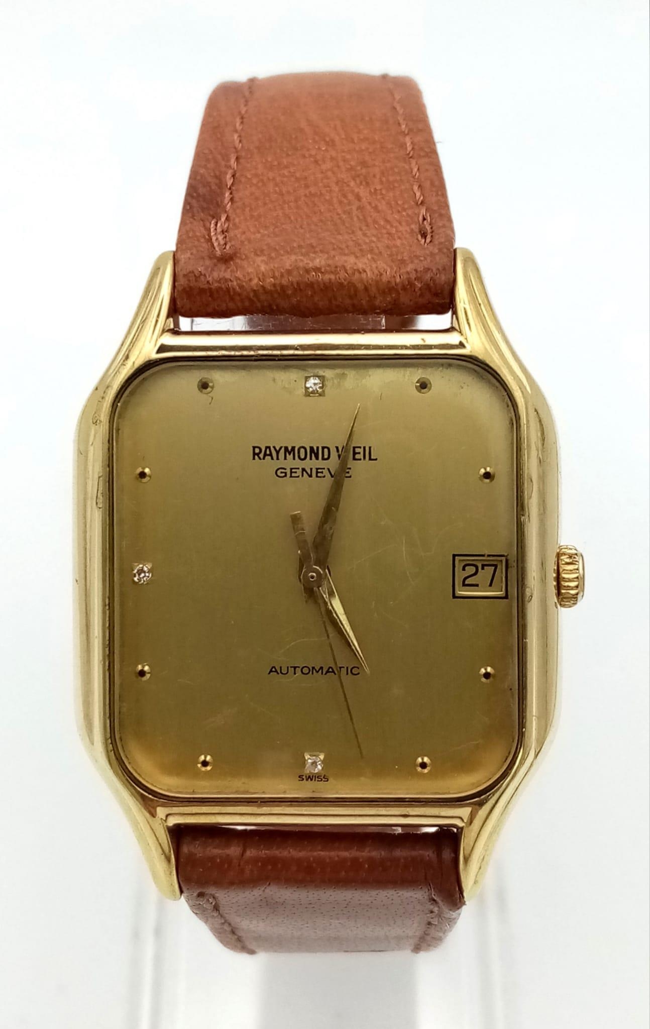 A Vintage Raymond Weil Automatic Gents Watch. Brown leather strap. Square case - 30 x 30mm. Gilded