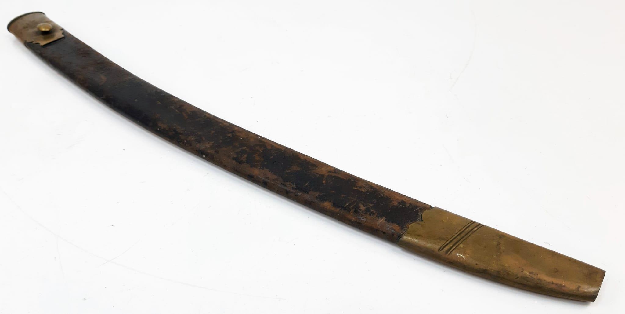 An Antique Military Curved Sabre Sword with Scabbard. Brass hilt. Hard leather and brass scabbard. - Image 6 of 7