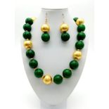 A very glamorous and substantial, Chinese, large (20 mm) beaded green jade necklace, with 18 K
