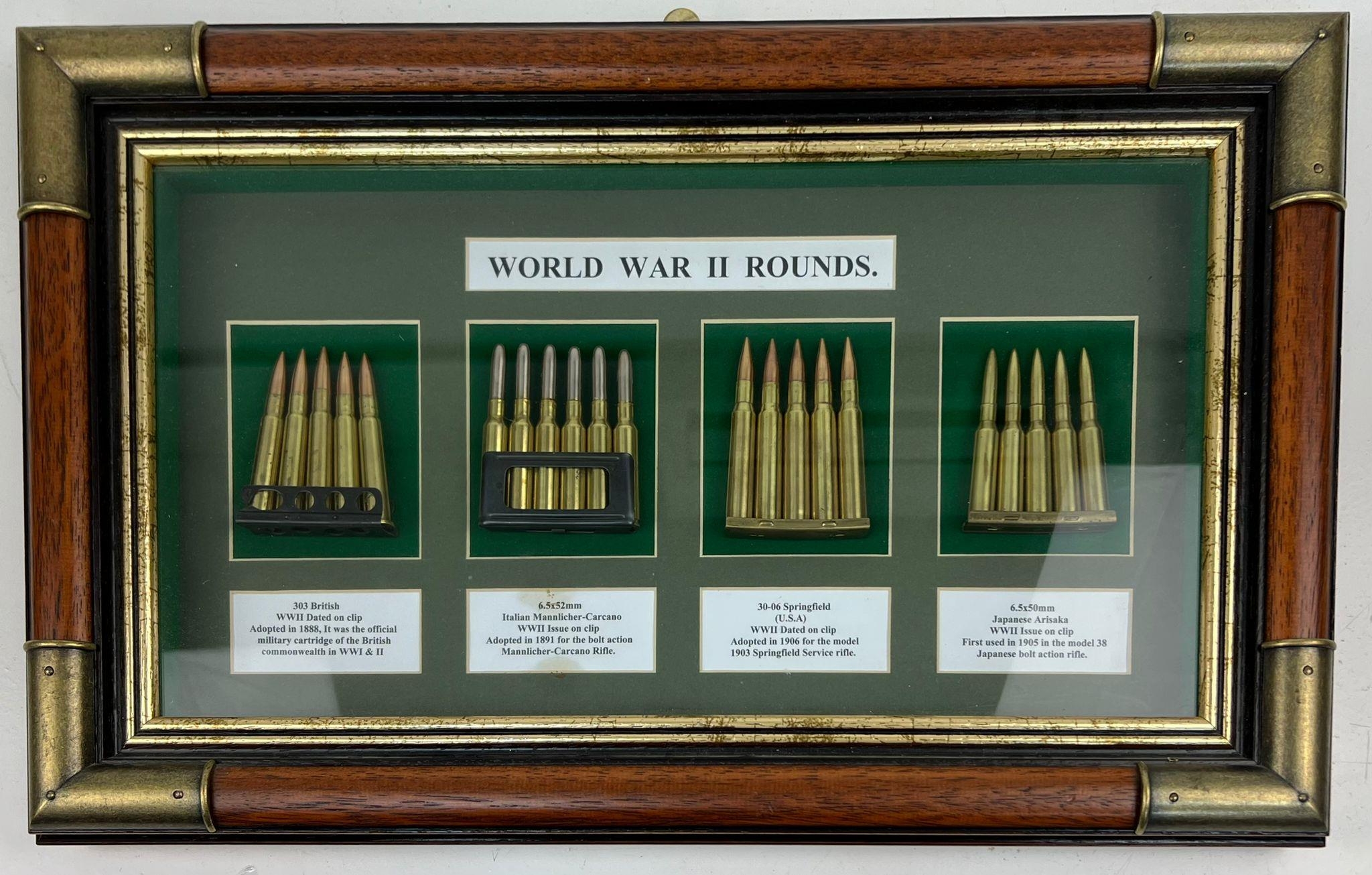 A Glorious WW2 Bullet Display Case. Incudes: 303, the 6.5 x 52mm for the Mannlicher-Carcano rifle.