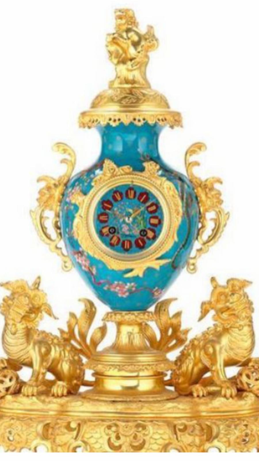 A Magnificent French 19th Century gilt bronze and champleve enamel porcelain mantel garniture - In - Image 15 of 16