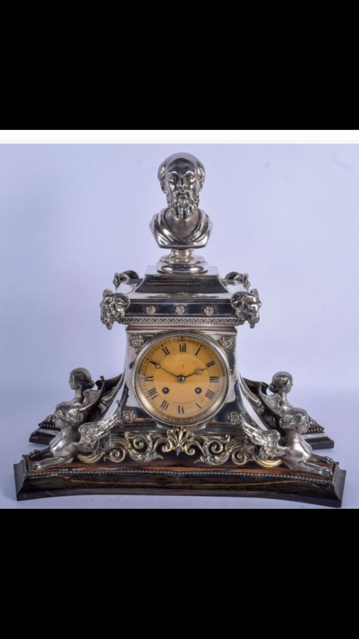 MAGNIFICENT RARE ENGLISH VICTORIAN LARGE SOLID SILVER MANTEL CLOCK by Stephen Smith & William