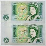 Two Bank of England Uncirculated Consecutive Serial Number Somerset One Pound Notes.