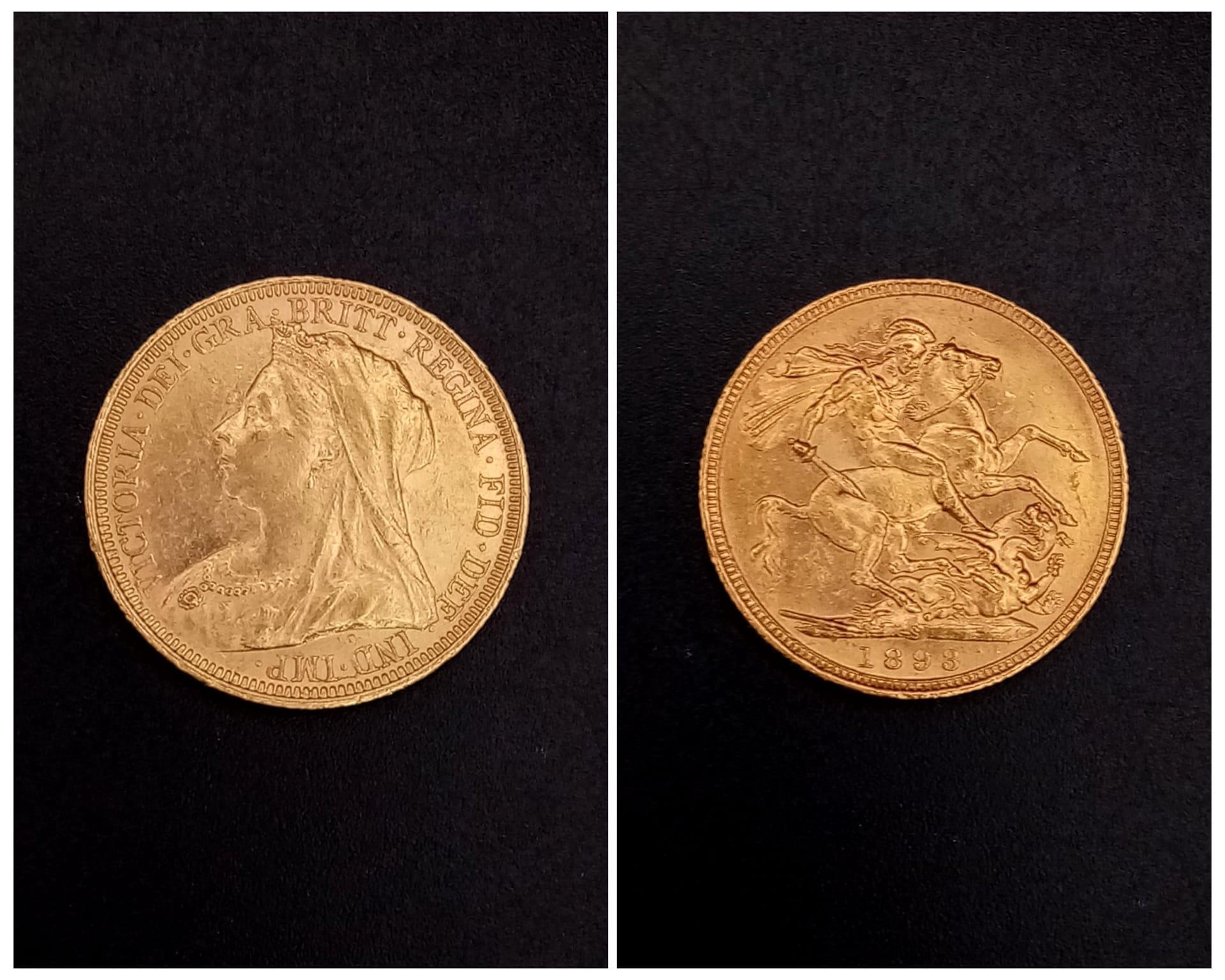 An 1893 22K Gold Queen Victoria Full Sovereign Coin. 8g. Ref: 5-249.