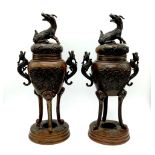 A Large Pair of Antique Chinese Qing Dynasty Bronze Censor/Incense Burners - With Foo Dog Finials