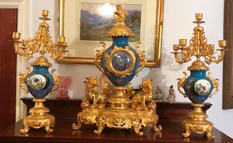 A Magnificent French 19th Century gilt bronze and champleve enamel porcelain mantel garniture - In - Image 3 of 16