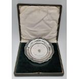 German .800 Silver Hallmarked Dish in original case, Hand engraved “With Best Wishes for Christmas