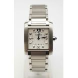 A Cartier Diamond Tank Watch. Stainless steel strap and case - 25 x 30mm. White dial with diamonds