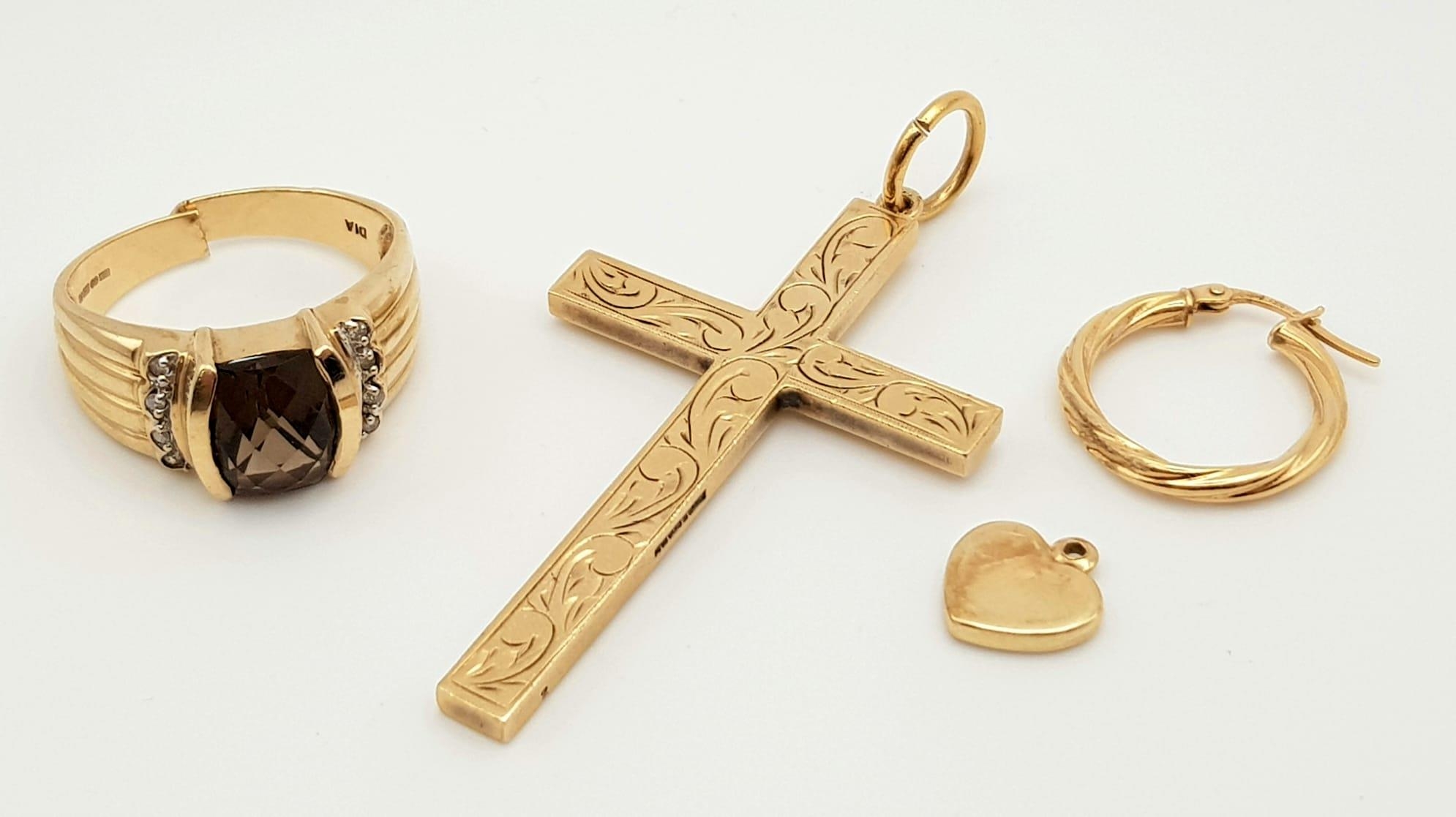 A 9K Gold Mixed Lot: Cross pendant - 5cm. Ring (broke) -A/F, single hoop earring and a heart charm/