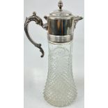 A Vintage Lead Crystal Glass Water/Juice Carafe with Ornate White Metal Lid and Handle. 36cm tall