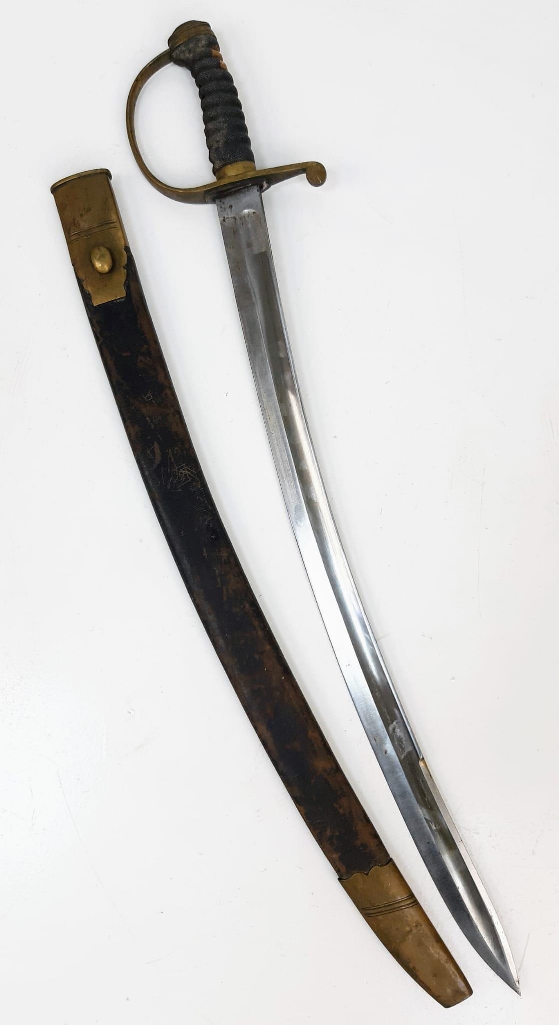 An Antique Military Curved Sabre Sword with Scabbard. Brass hilt. Hard leather and brass scabbard.