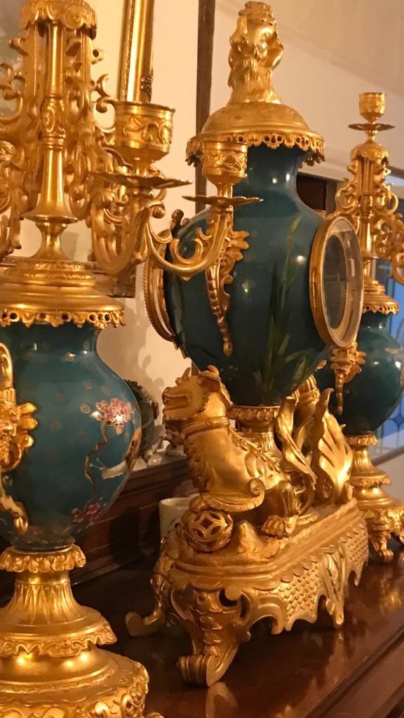 A Magnificent French 19th Century gilt bronze and champleve enamel porcelain mantel garniture - In - Image 4 of 16
