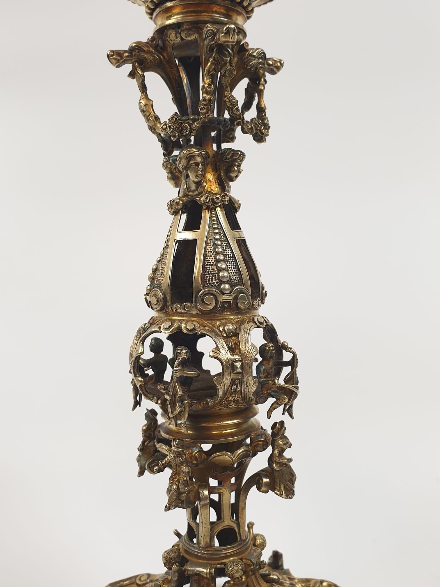 Four extraordinary rare German antique (19th Century) silver gilt candelabra. Complex ornate and - Image 7 of 31