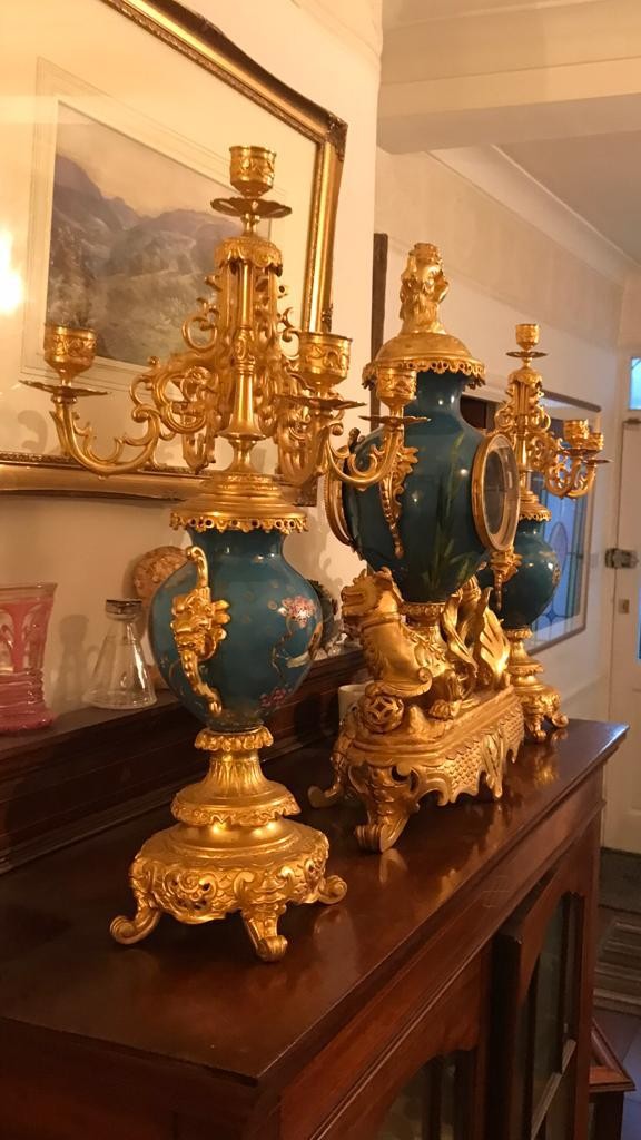 A Magnificent French 19th Century gilt bronze and champleve enamel porcelain mantel garniture - In - Image 11 of 16