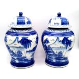 A Pair of Vintage possibly Antique Chinese Porcelain Blue and White Large Jars with Lids. Hand-
