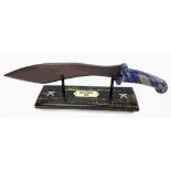 An antique, commemorative, bronze GURKHA KUKRI with a hand carved lapis lazuli hilt on a custom made