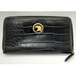 A hand made, large, black, crocodile leather wallet with internal zipped compartment. Dimensions: 20