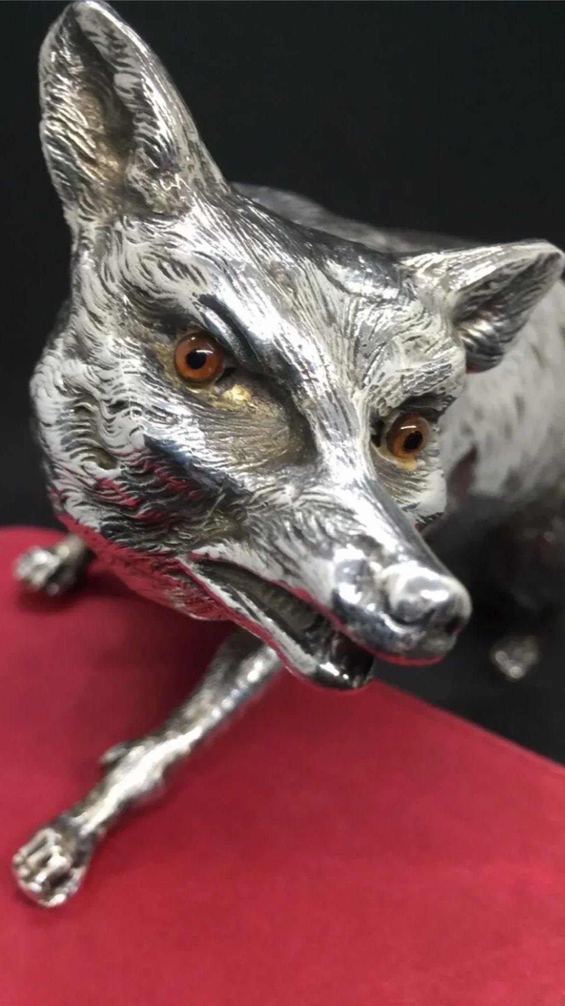 ANTIQUE SOLID SILVER LARGE GERMAN LONDON IMPORT RED FOX STATUE FIGURE. One of the finest German / - Image 7 of 12