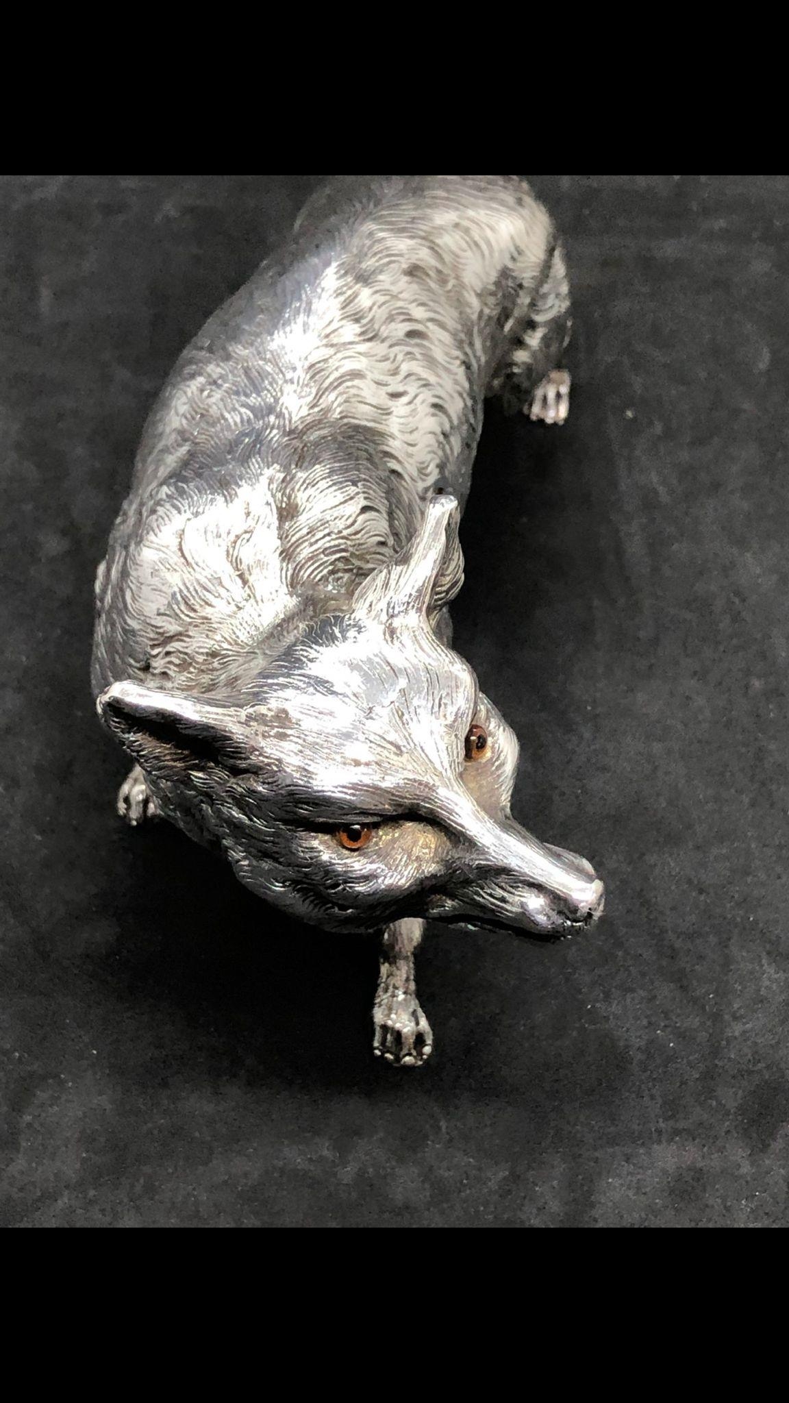 ANTIQUE SOLID SILVER LARGE GERMAN LONDON IMPORT RED FOX STATUE FIGURE. One of the finest German / - Image 4 of 12