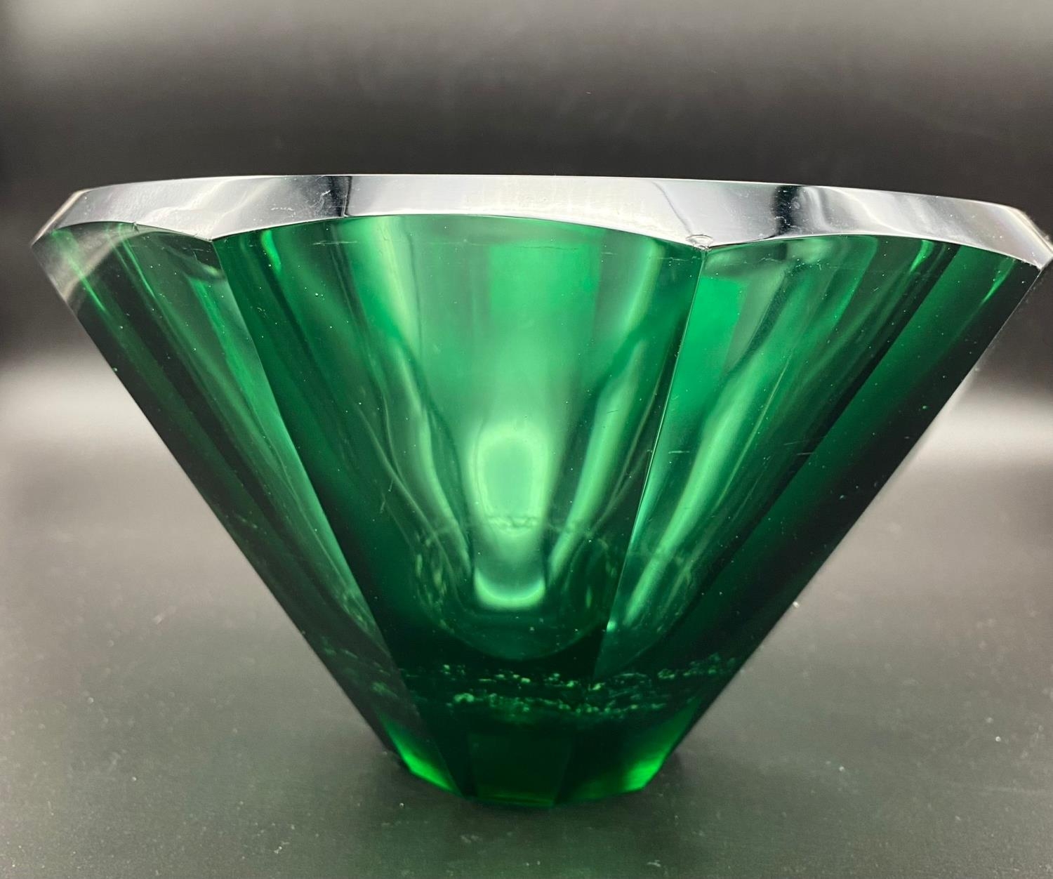 A Vintage Faceted Murano Green-Glass Bowl. A/F 12cm tall. 22cm diameter. - Image 2 of 2