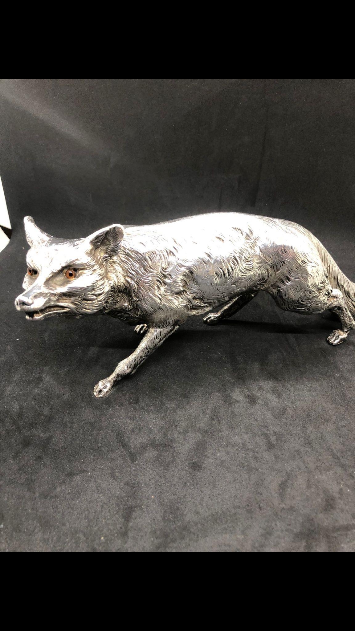 ANTIQUE SOLID SILVER LARGE GERMAN LONDON IMPORT RED FOX STATUE FIGURE. One of the finest German / - Image 3 of 12