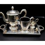 A German Nazi WW2 Era Four Piece Silver Plate Tea/Coffee One-Person Set. Pot -14cm. Hot water -