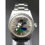 A Rolex Stainless Steel Mickey Mouse Midsize Watch. Stainless steel strap and case - 31mm. Silver