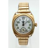 A JW Benson Vintage possibly Antique 9K Gold Cased Watch. Expandable strap. Gold case - 30mm.