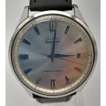 A Vintage Seiko Sportsmatic Gents watch. Black leather strap. Stainless steel case - 38mm. Silver