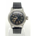 A WWII BULOVA MILITARY 1940'S MANUAL WRIST WATCH WITH BLACK LEATHER STRAP. 31mm