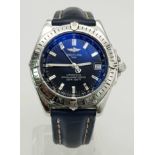 A Breitling Chronometer Gents Watch. Blue Leather strap. Stainless steel case - 40mm. Blue dial with