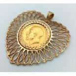 A 22k Gold George V Half Sovereign Coin set in a 9K Yellow Lattice Heart Pendant. 9.91g total