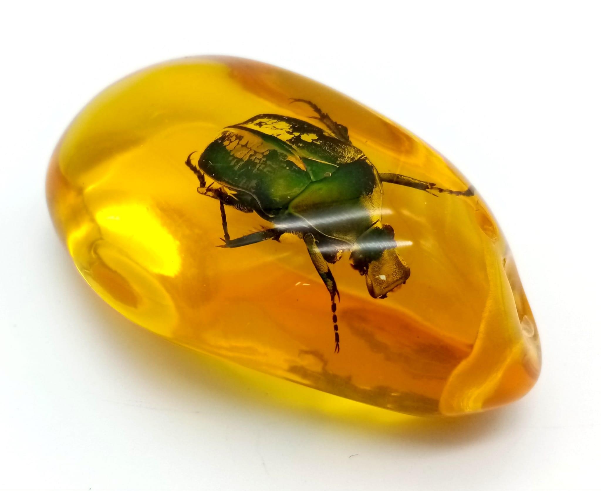 A Bright Green Beetle in an Amber Coloured Resin Pendant or Small Paperweight. 7cm.