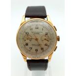 A VINTAGE CHRONOGRAPHE SUISSE18K GOLD GENTS WRISTWATCH , MECHANICAL MOVEMENT, 2 SUBDIALS AND BROWN