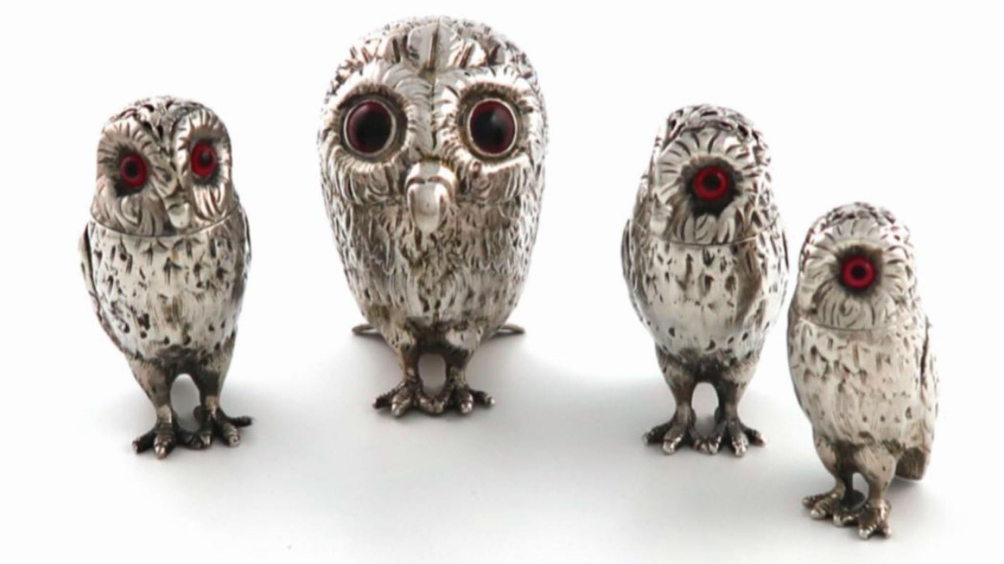 A magnificent 19th century rare silver antique original four piece owl cruet set by George - Image 21 of 26