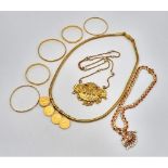 A Mixed High Karat Gold Lot to Include: 2 x 18k gold bangles - 15.86g total weight. A necklace