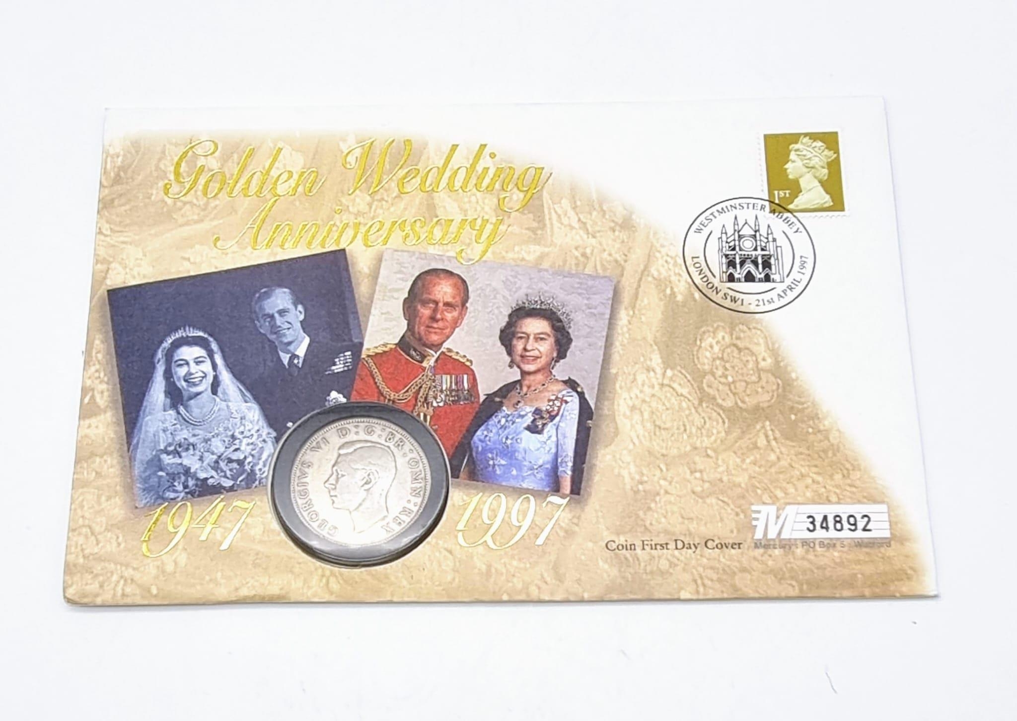 A 1947 Silver George V1 Half Crown and 1997 First Day Cover Set Commemorating the Queens Golden