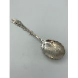 Antique SILVER JAM SPOON having intricate design to bowl with scroll and clover openwork design