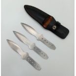A Vintage Set of 3 Professional Throwing Knives in Sheath 17cm Lengths