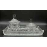 Cut glass serving tray with bon bon and sugar dishes. Tray measures 31x21cm, larger dish stands 15cm