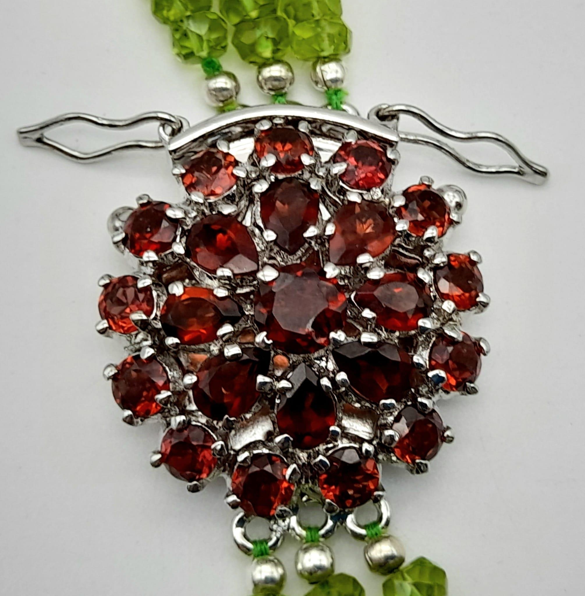 3 Row Peridot Gemstone Necklace with Garnet Clasp in 925 Silver, 440cts in total , Comes on side - Image 3 of 4