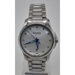 GUCCI 126.5 STEEL BRACELET LADIES WATCH, DIAMOND SET DIAL MOTHER OF PEARL FACE, 28MM CASE, FULL