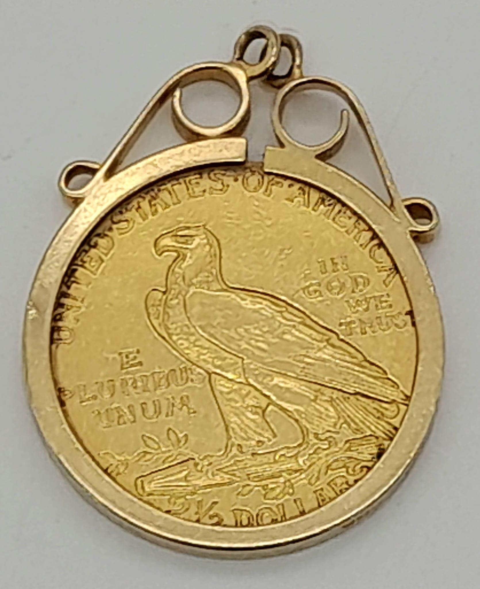 A 22k (900) Gold 1908 USA Two and a Half Dollar Coin in a 9K Gold Setting. 5.13g total weight.